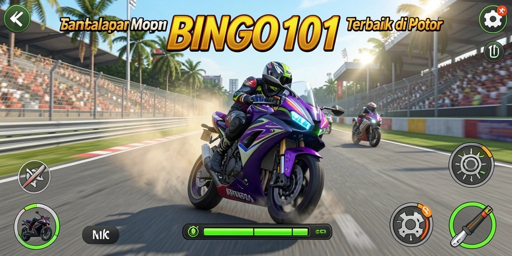 Screenshot gameplay BINGO101 menampilkan balapan motor yang mendebarkan.