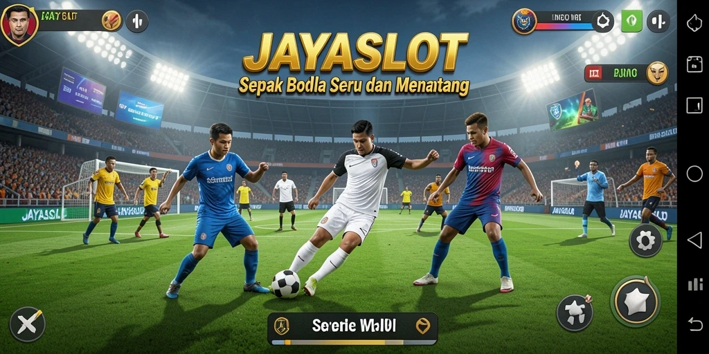 Tampilan gameplay JAYASLOT menampilkan aksi pemain sepak bola yang dinamis.