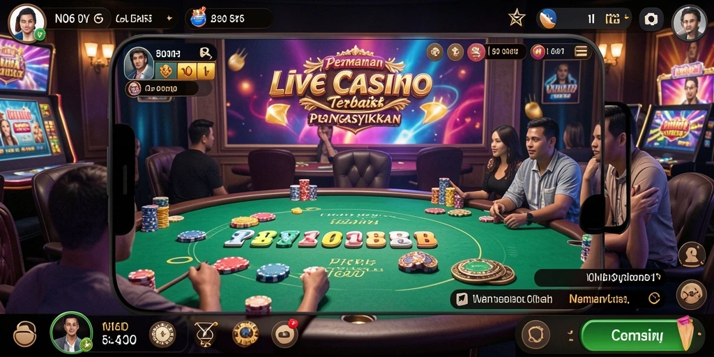 Screenshot gameplay N06 menampilkan dealer langsung dalam suasana kasino.