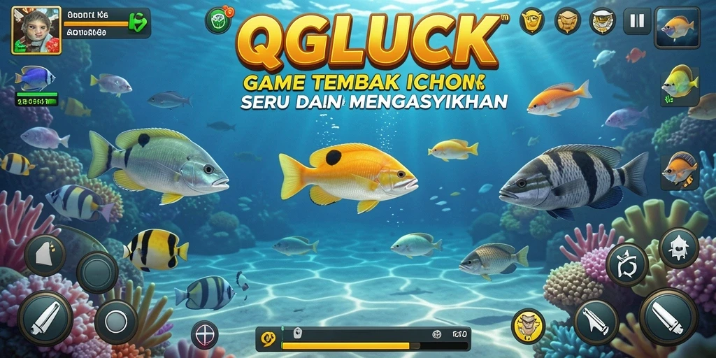 Tangkapan layar gameplay QGLUCK menampilkan aksi menangkap ikan yang seru.