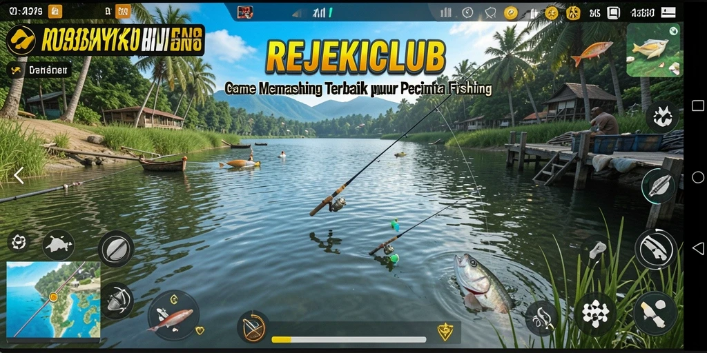 Tampilan gameplay REJEKICLUB dengan suasana memancing yang seru.