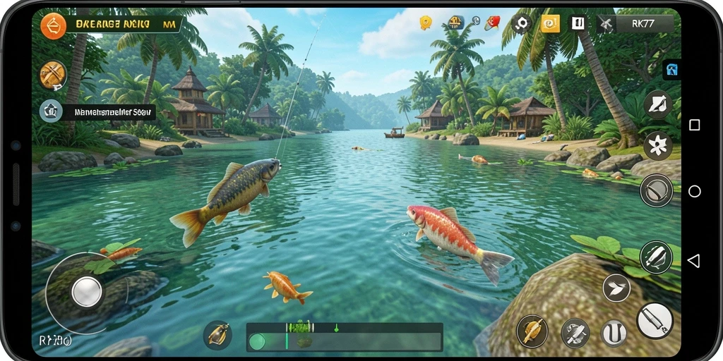 Gameplay RK77 menampilkan pengalaman memancing yang penuh warna dan mendebarkan.