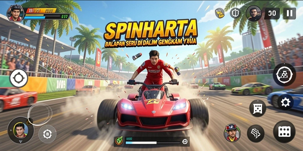 Tampilan gameplay SPINHARTA dengan balapan yang seru dan kendaraan kece.